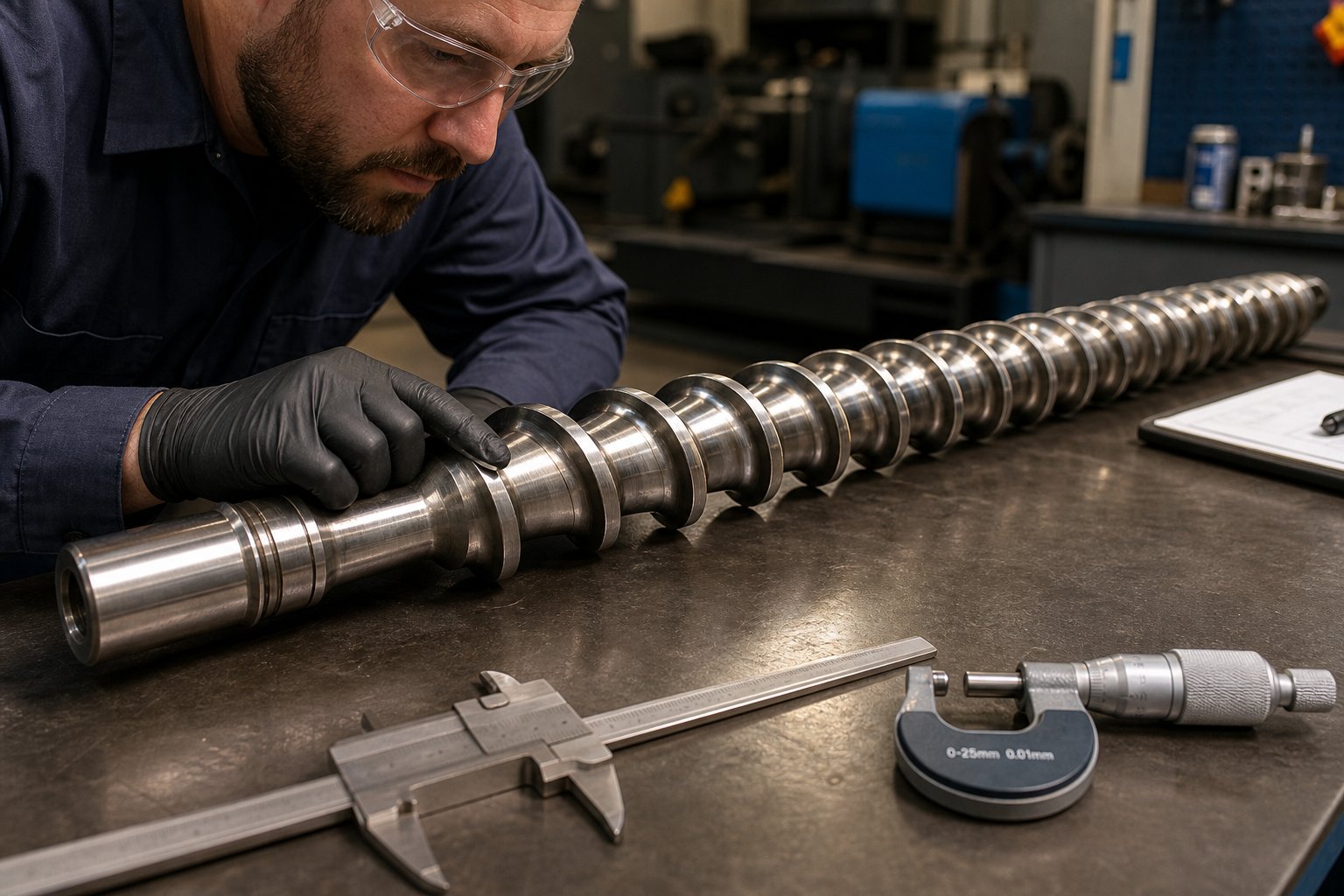 extruder screw pulled for inspection during preventive maintenance on a plastic extrusion line
