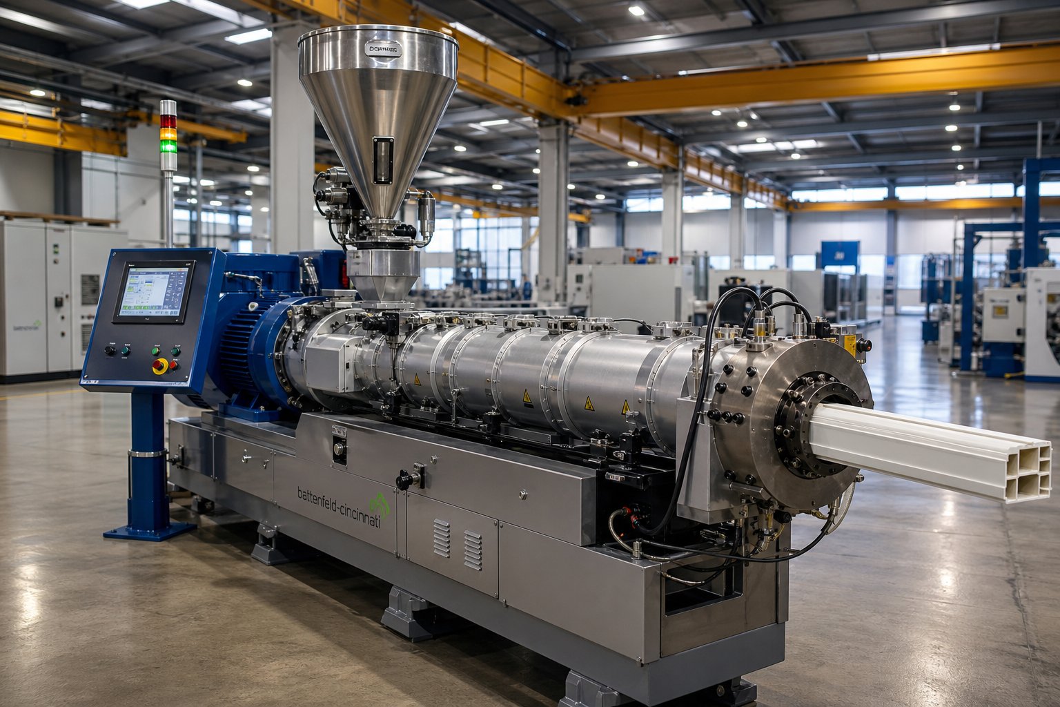 industrial plastic extruder machine continuously producing shaped polymer profiles in a modern manufacturing facility
