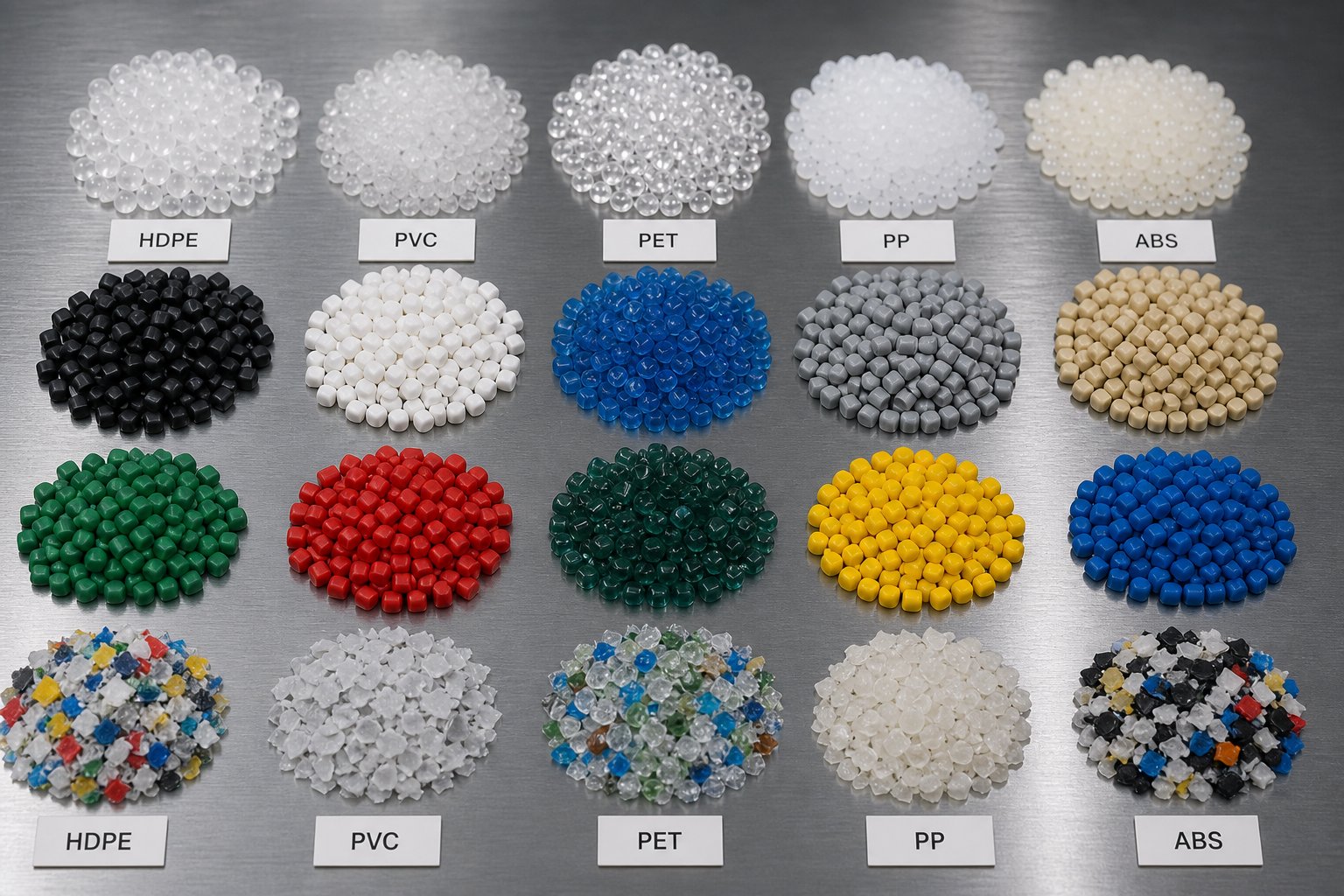 various thermoplastic pellets and recycled flakes used as feedstock in plastic extrusion processing