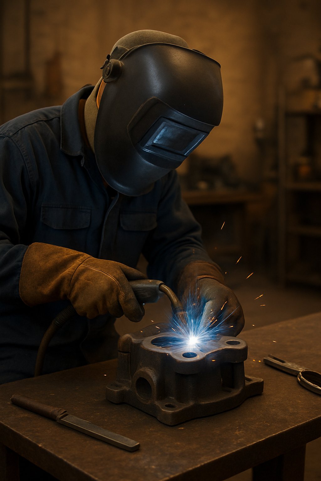 cast iron welding setup for a careful workshop repair