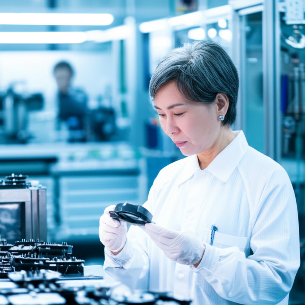 professional quality control inspector conducting a thorough check in a chinese factory