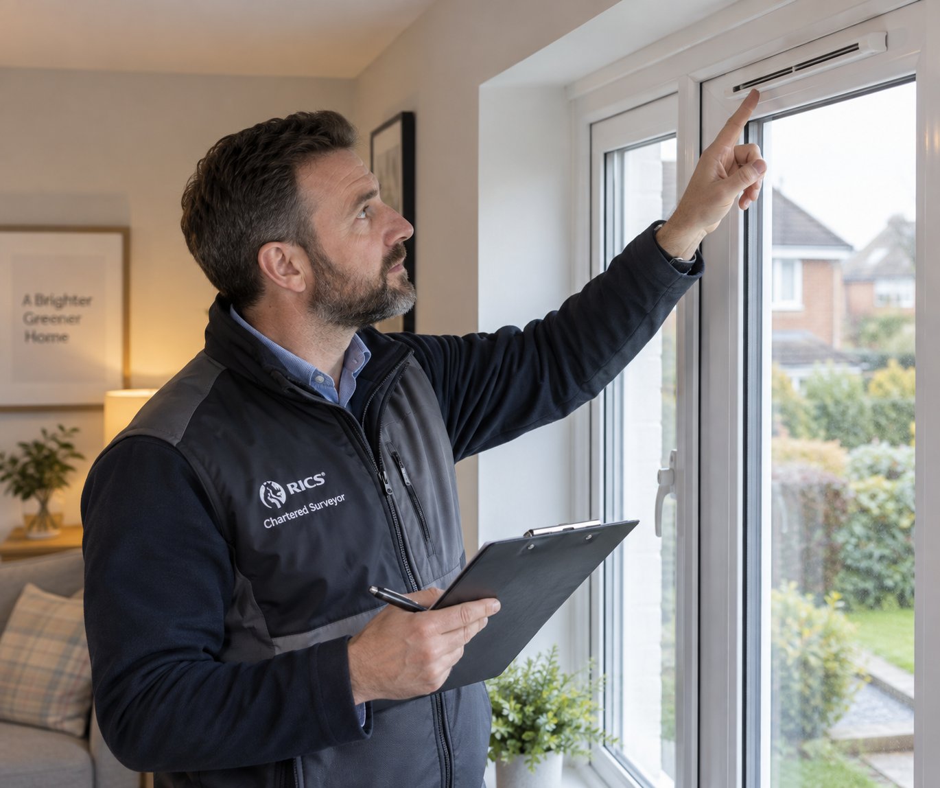 a building inspector checking trickle vent compliance on a newly installed replacement window