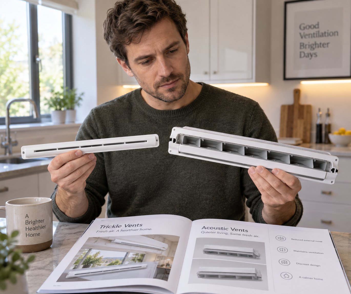 a homeowner comparing standard and acoustic trickle vent options before choosing the right model for their windows