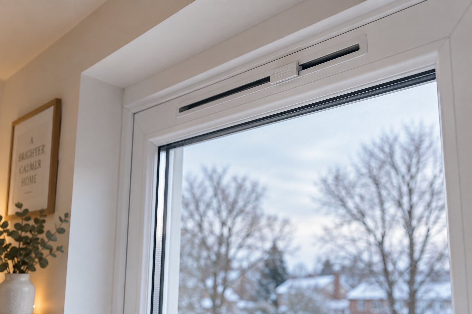 a trickle vent installed in a upvc double glazed window frame providing background ventilation on a cold day