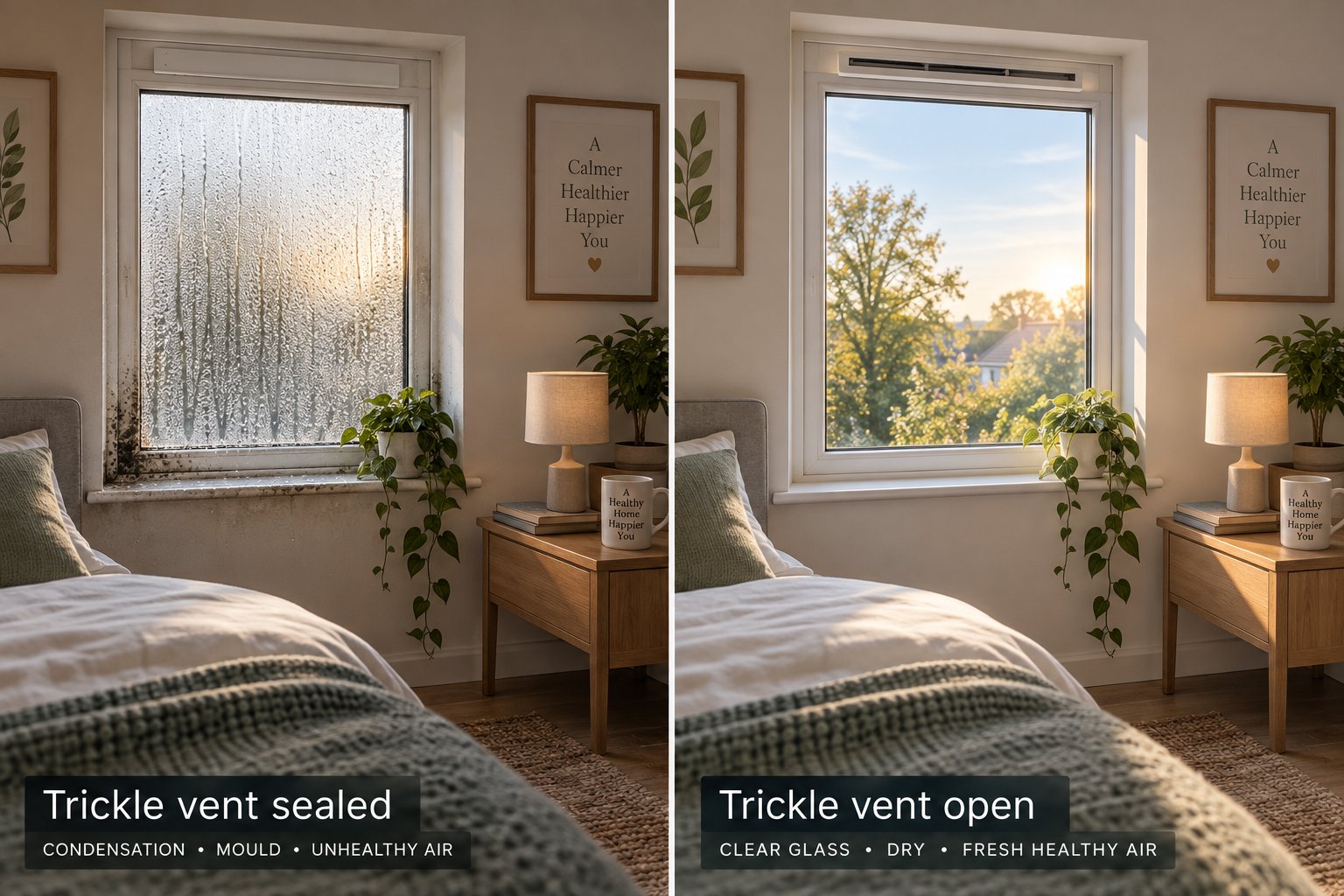 comparison of a sealed window with blocked vents showing condensation versus a ventilated window staying clear and dry