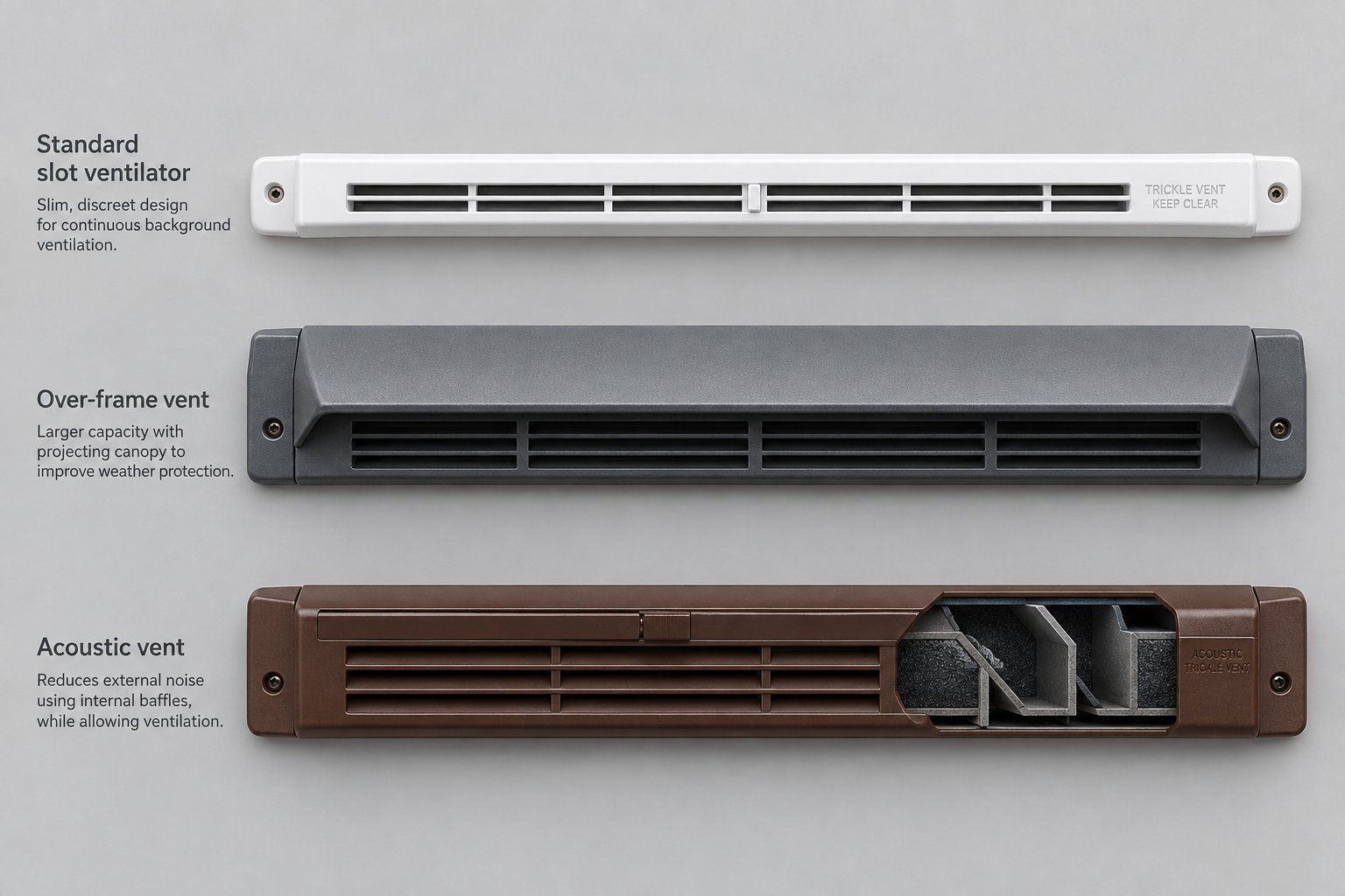 different types of double glazing vents including slot ventilators over frame vents and acoustic models