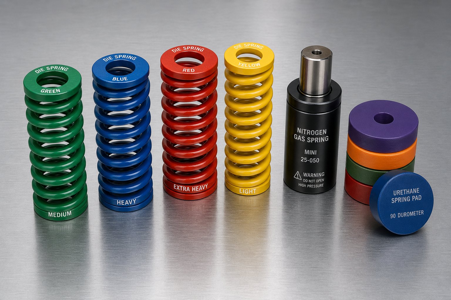 color coded die springs nitrogen gas cylinders and urethane pads power the stripping systems that control material during cutting