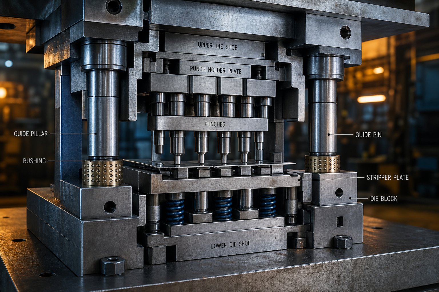 cross section of a stamping die showing the interconnected subsystems that transform flat sheet metal into precision parts