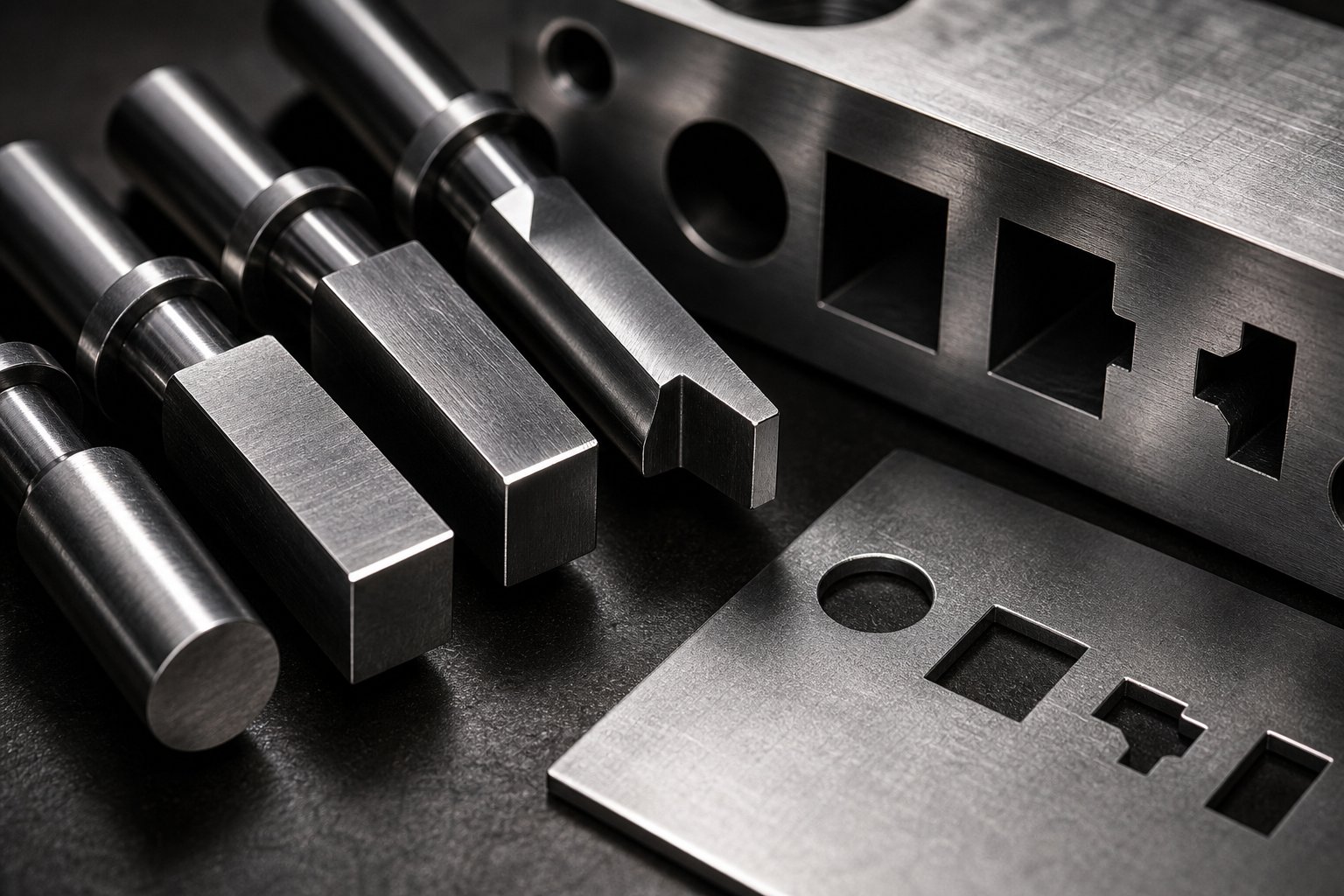 hardened punches paired with precision die block openings where correct clearance determines cut quality and burr control