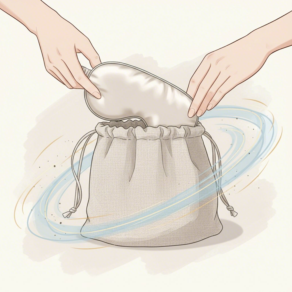 stylized illustration of a sleep mask being placed in a protective pouch