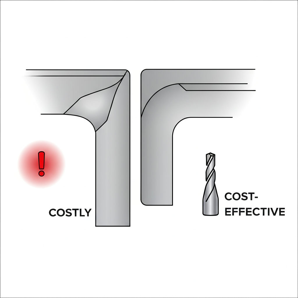 diagram showing how rounded internal corners reduce machining tool stress and cost