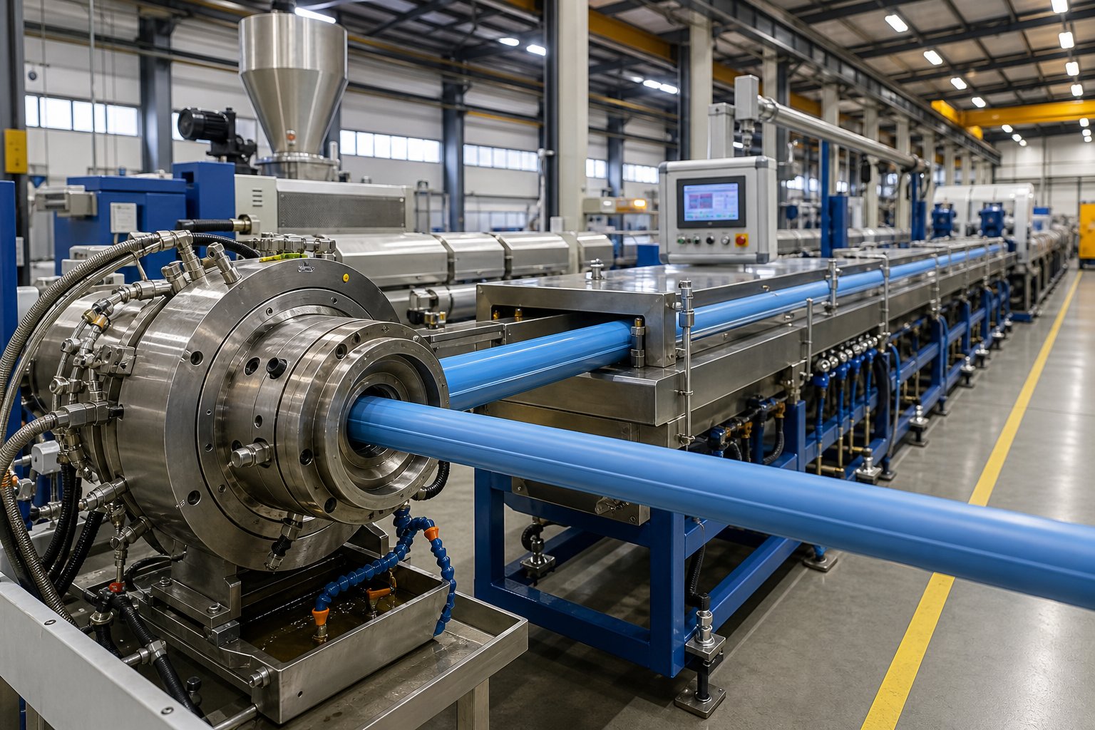 a modern pipe extrusion line showing the continuous sequence from extruder barrel through calibration cooling and haul off stages