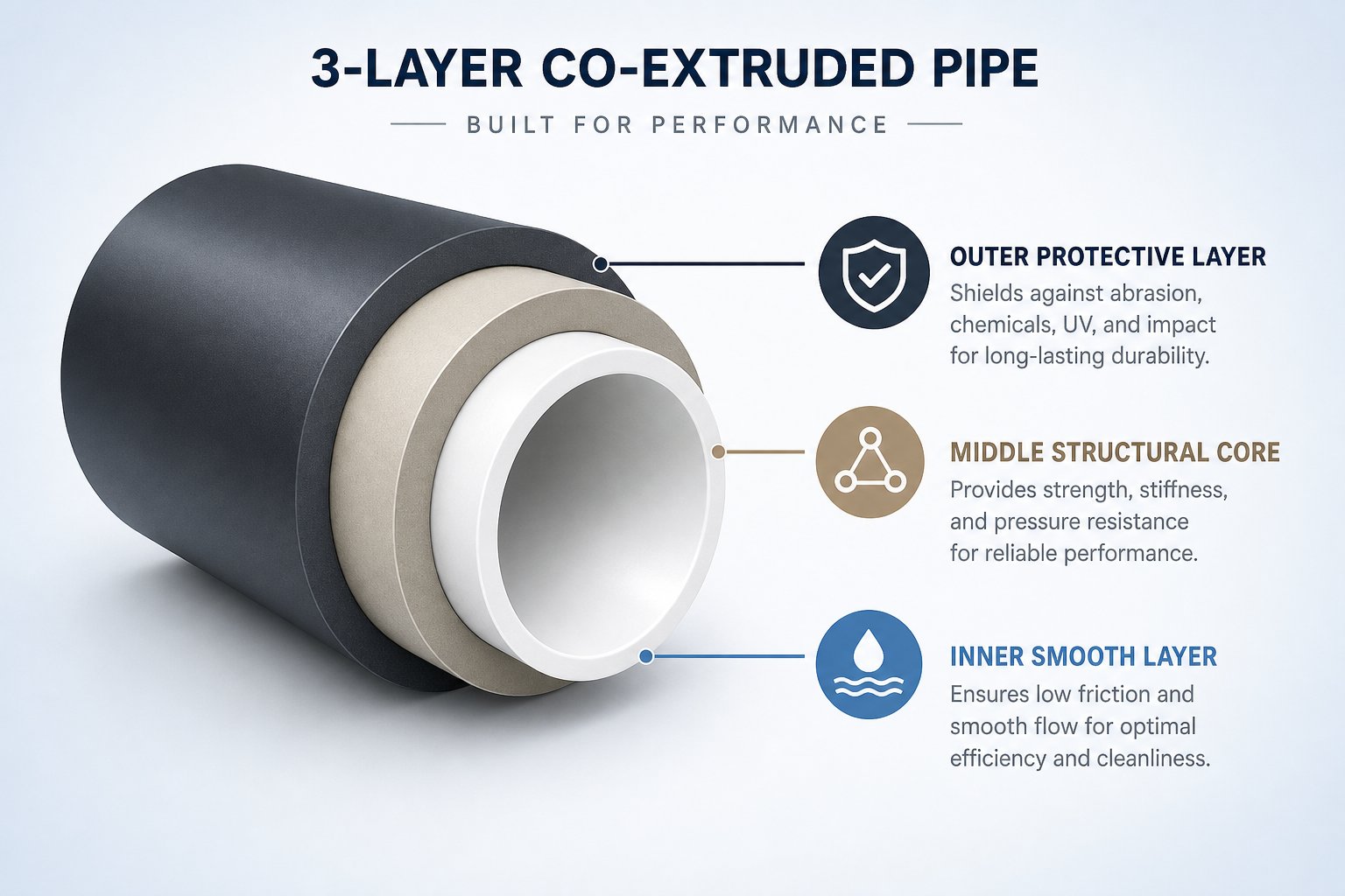 cross section of a 3 layer co extruded pipe showing distinct outer core and inner layers bonded during the melt phase