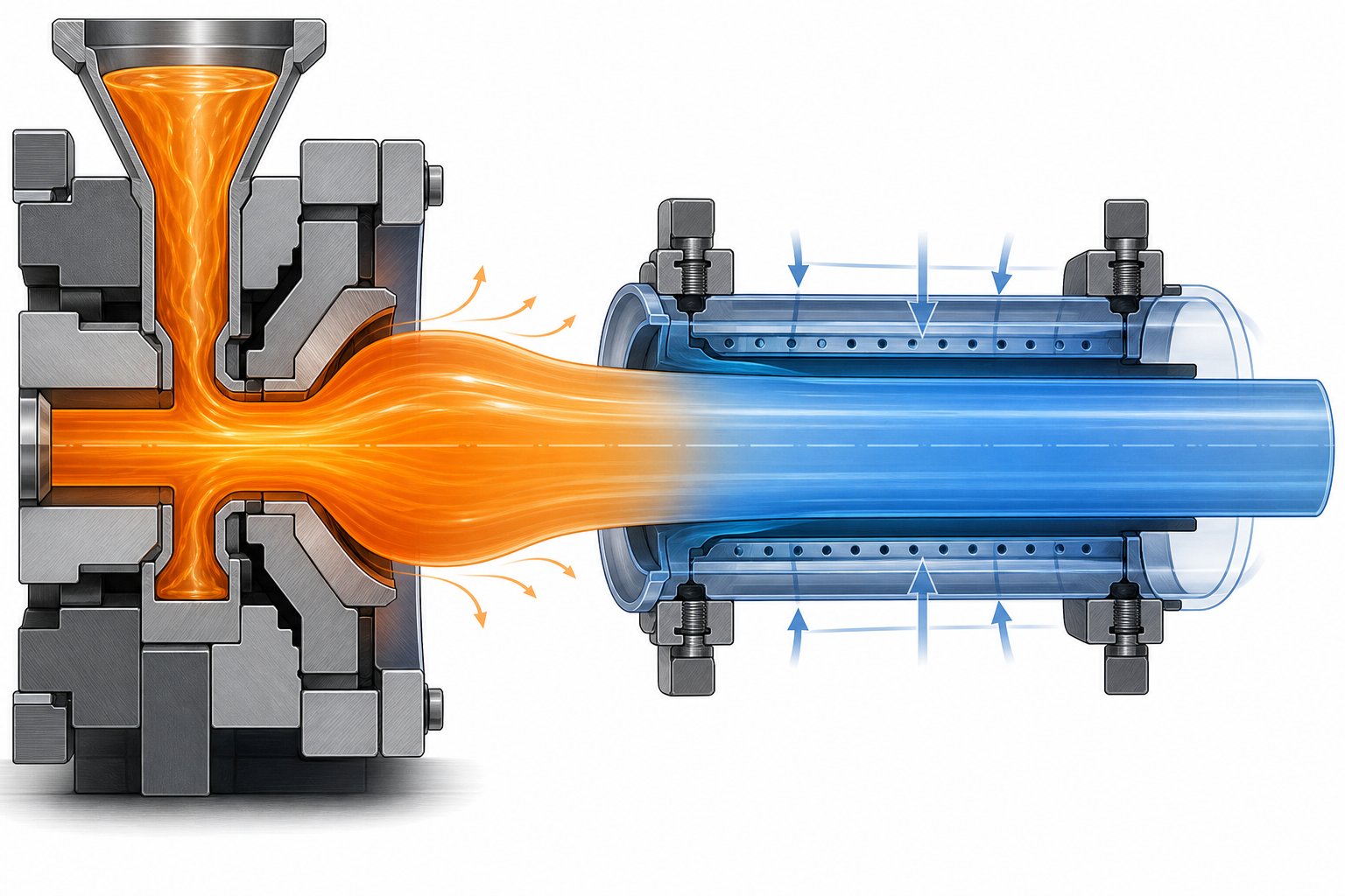 die swell causes molten polymer to expand after exiting the annular die before vacuum calibration locks the final pipe diameter