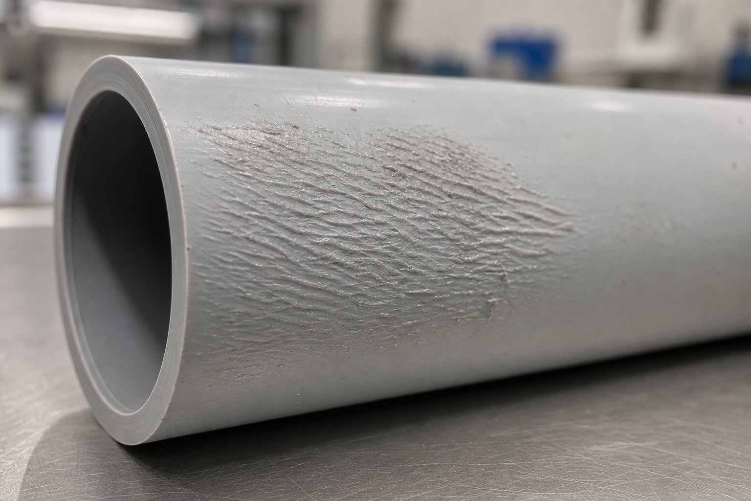 shark skin melt fracture on a plastic pipe surface caused by excessive shear stress at the die lip during extrusion