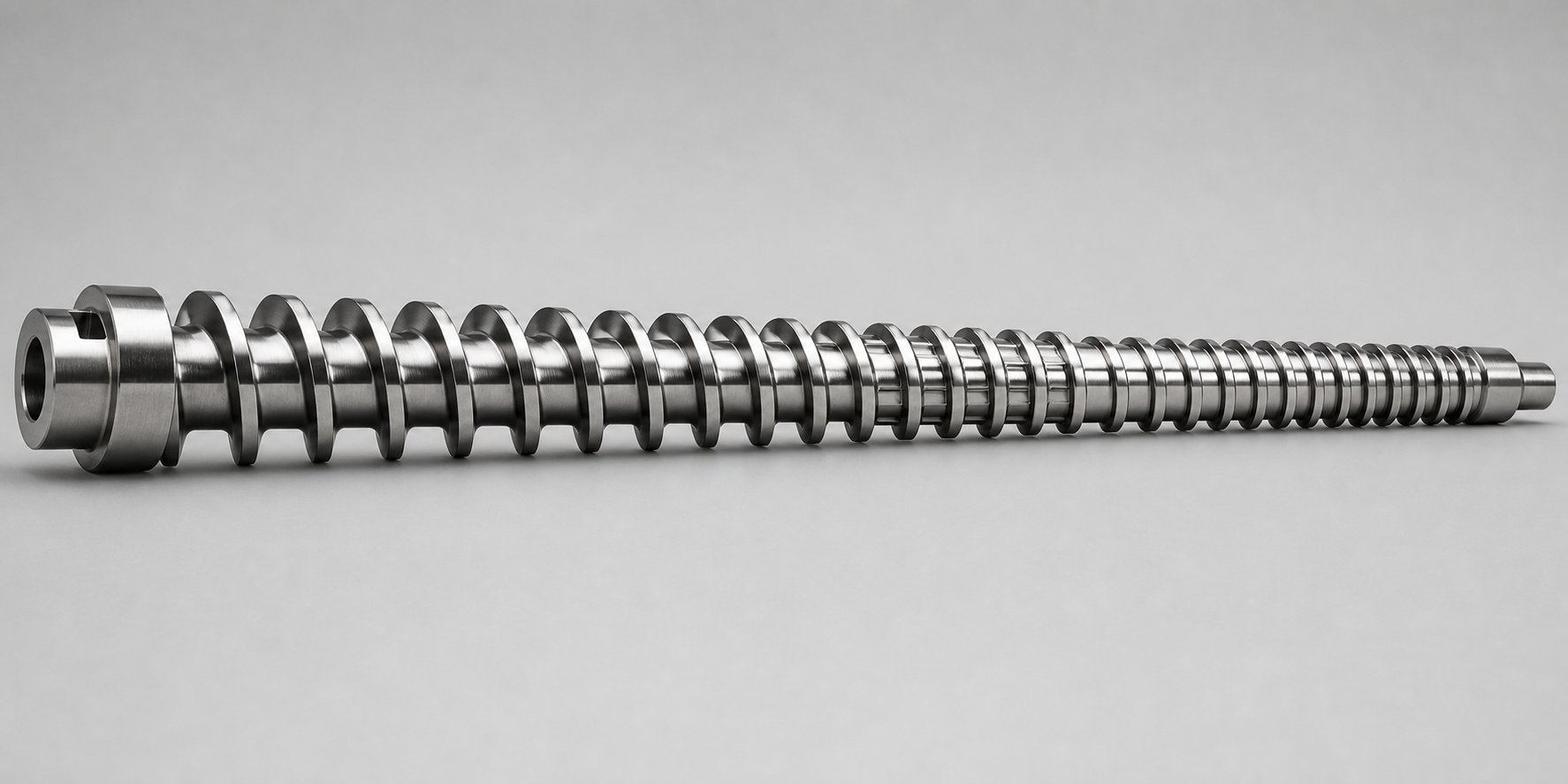 single extruder screw showing feed compression and metering zones with barrier flight design for improved melt homogeneity