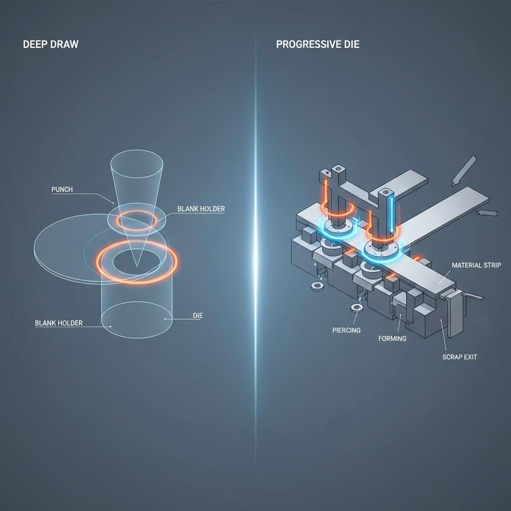 Comparison of deep draw and progressive die stamping processes