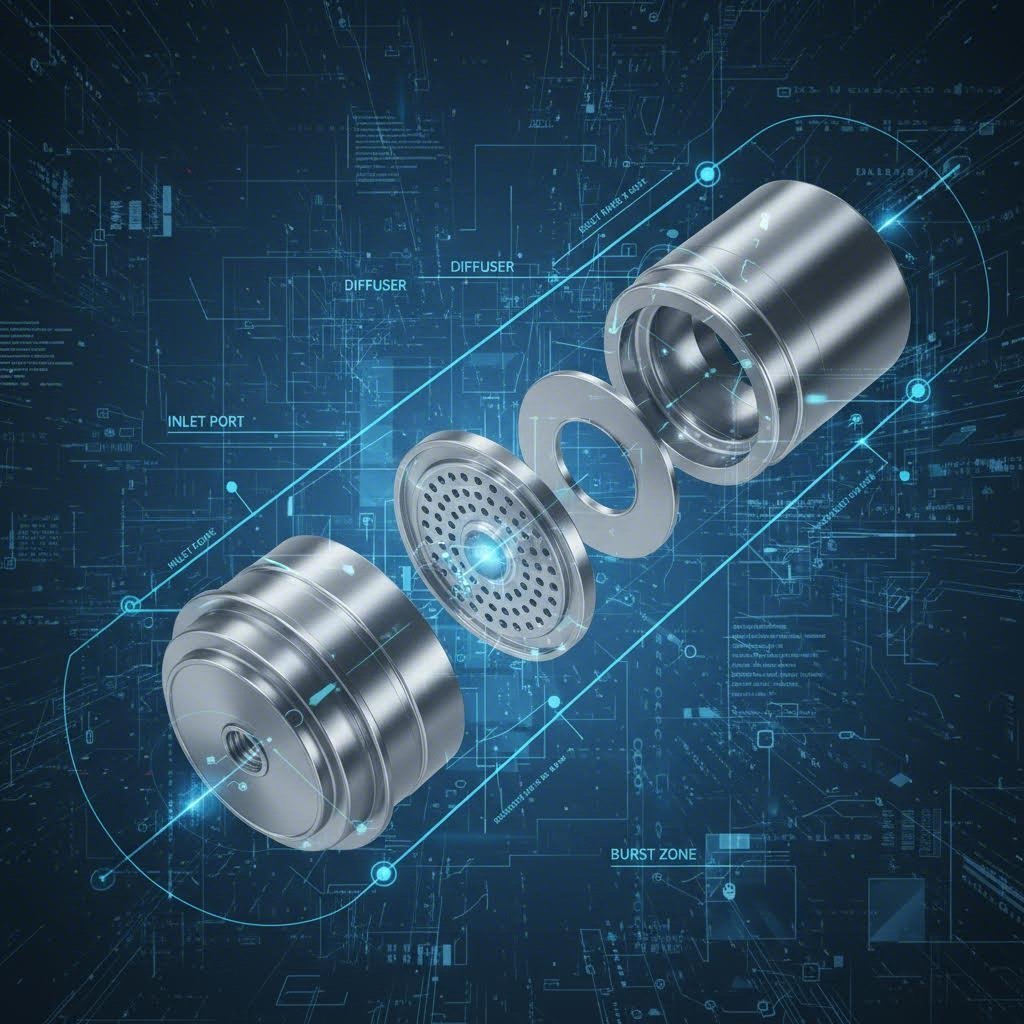 Exploded view of stamped metal components in an automotive airbag system