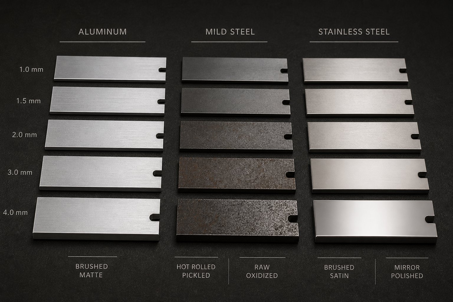 different metal strip materials showing how notch geometry adapts to aluminum mild steel and stainless steel properties