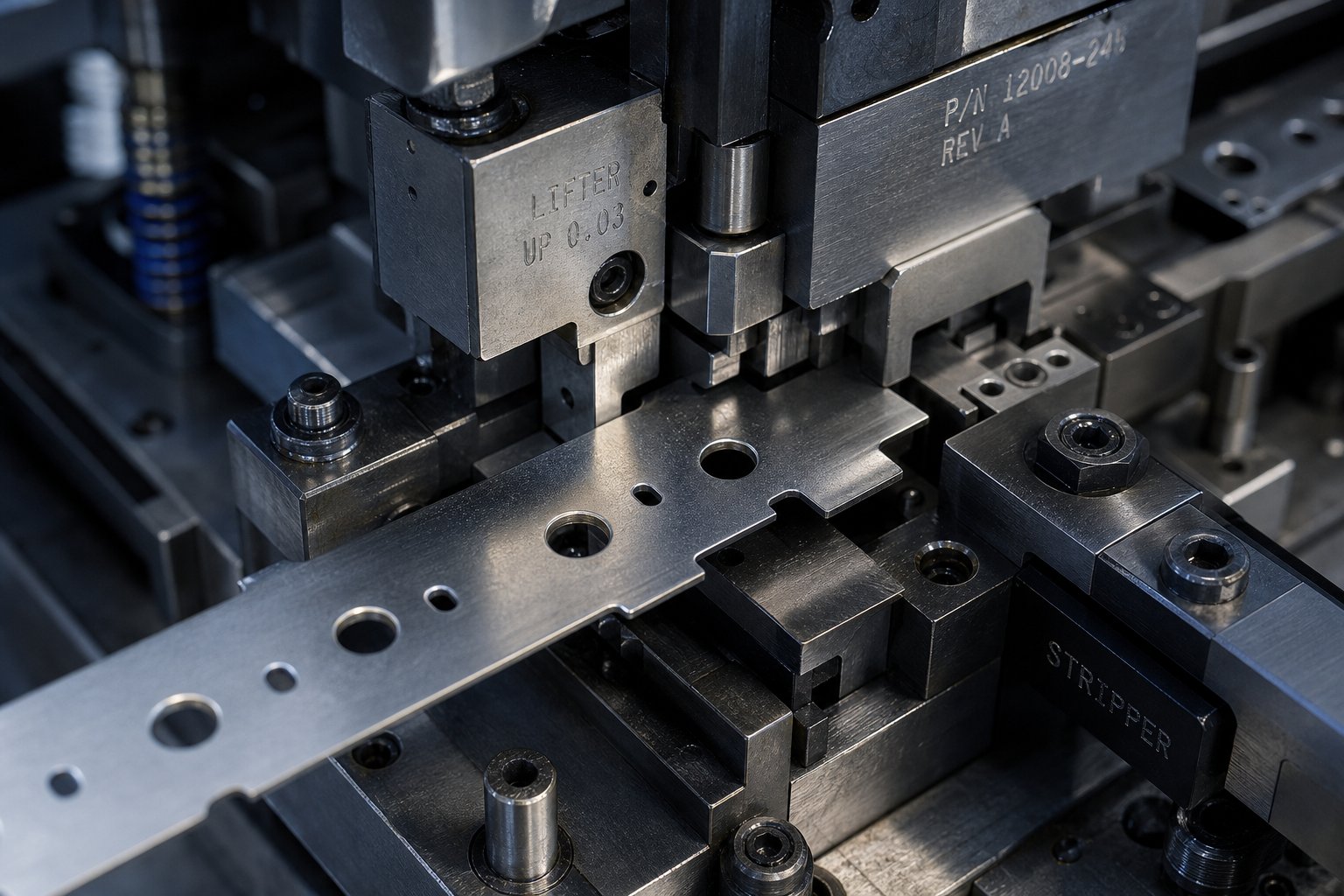 metal strip advancing through a progressive stamping die with bypass notch features controlling lifter interaction