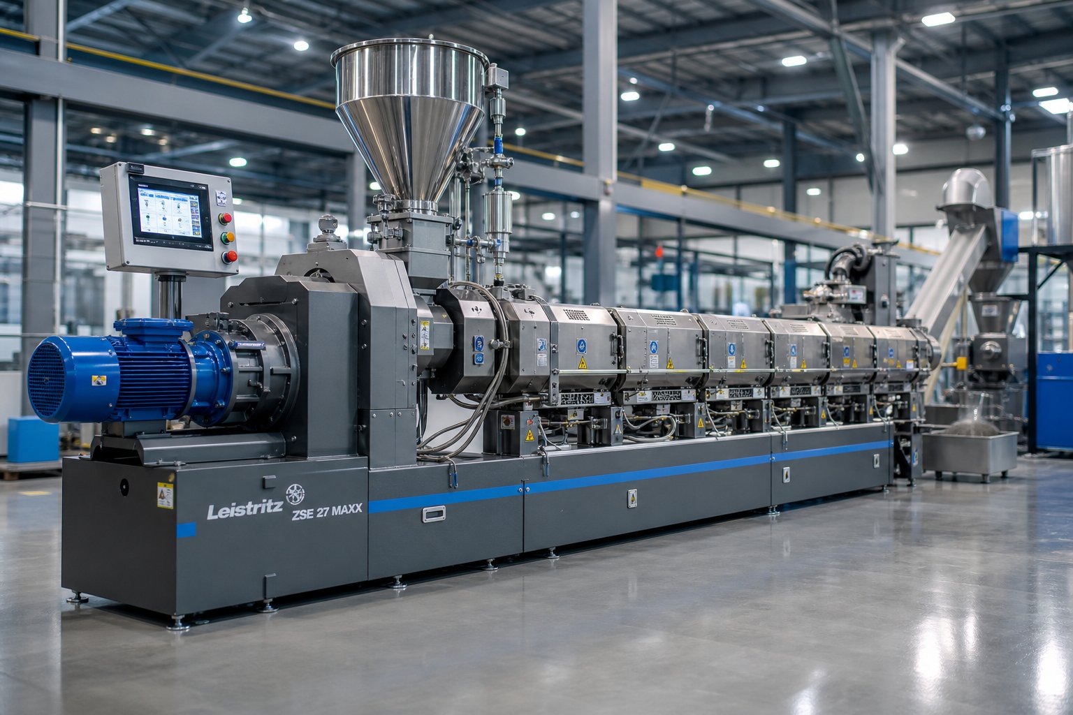 co rotating twin screw extruder configured for polymer compounding with modular barrel segments and integrated downstream pelletizing