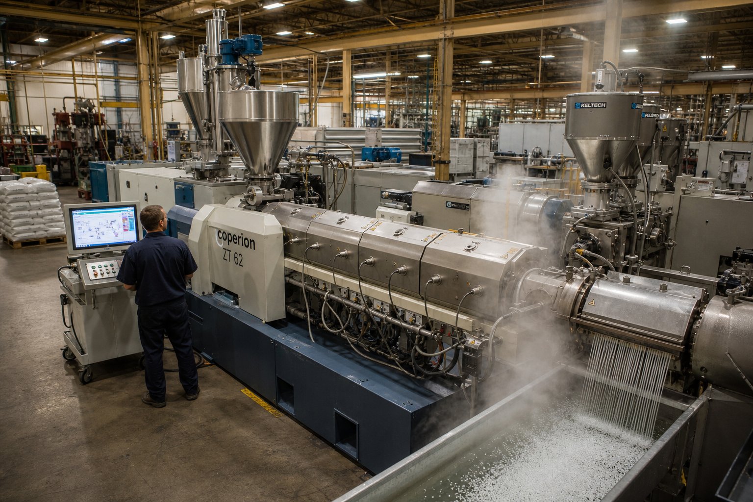 complete twin screw extrusion line in a polymer compounding facility with side feeders and strand pelletizing