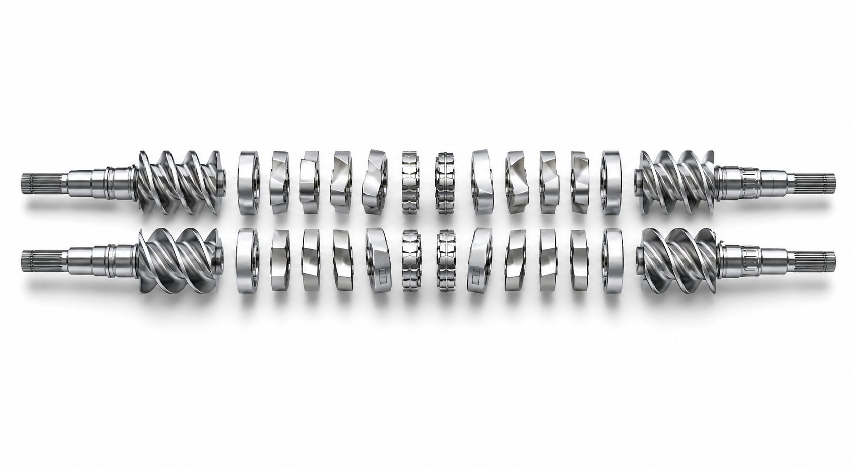 modular screw elements including conveying elements kneading blocks and mixing elements arranged on a splined shaft