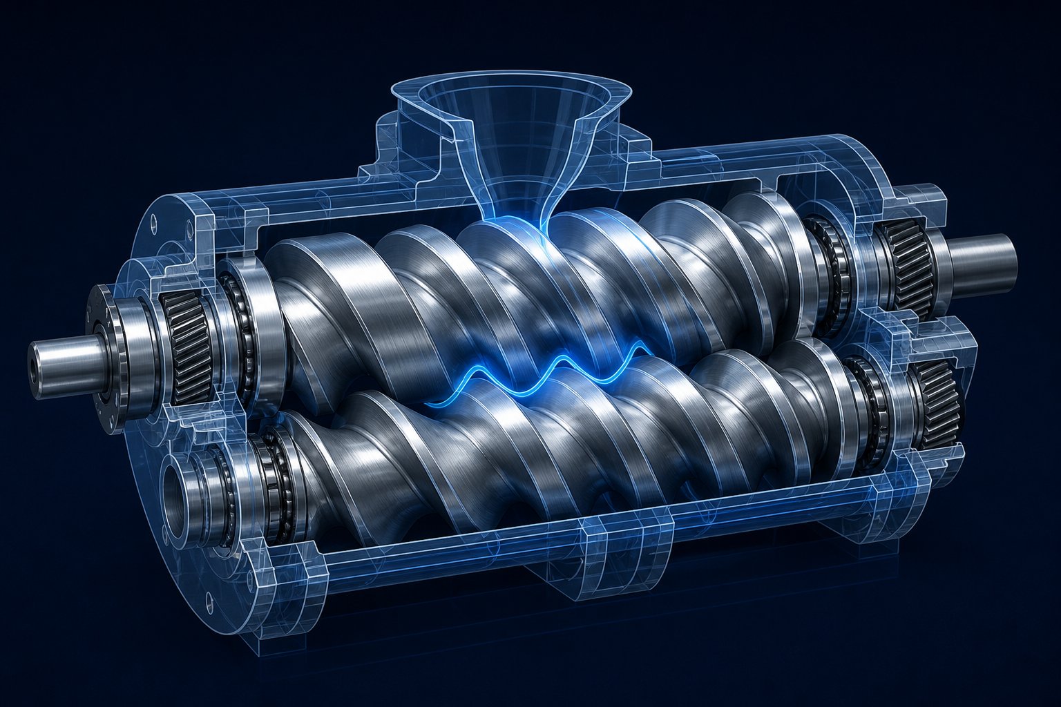 self wiping geometry of co rotating intermeshing screws showing flight to channel sweeping action