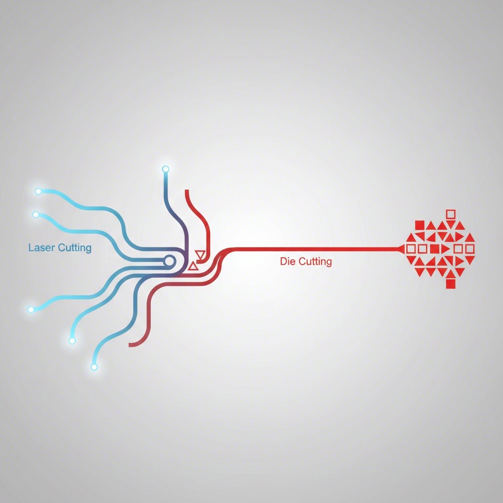 a diagram illustrating the flexibility of laser cutting versus the high volume efficiency of die cutting