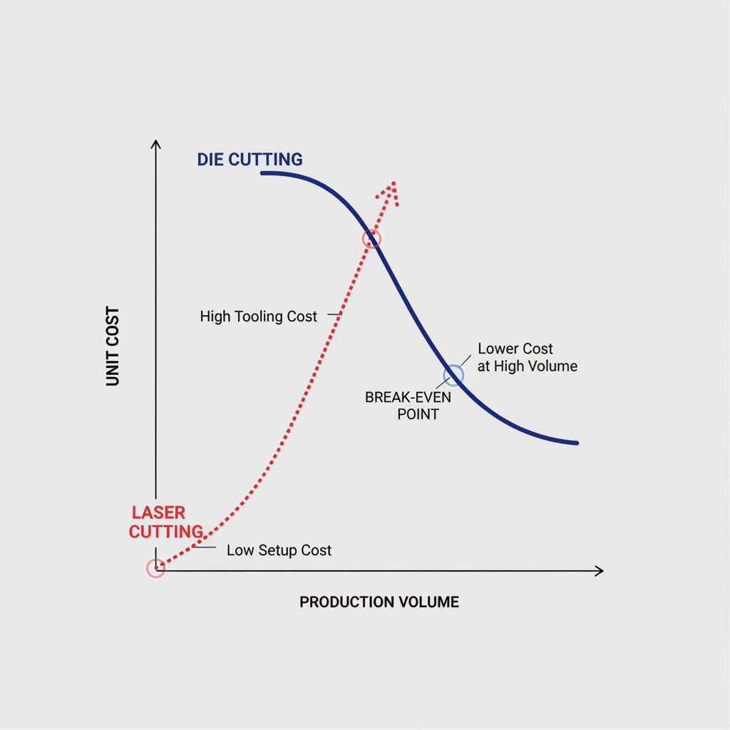 a graph showing the cost per unit break even point between laser cutting and die cutting
