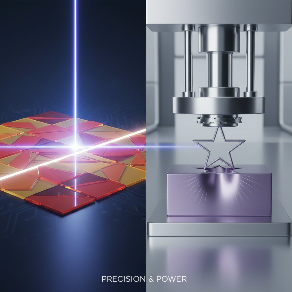 conceptual art comparing the thermal energy of laser cutting with the mechanical force of die cutting