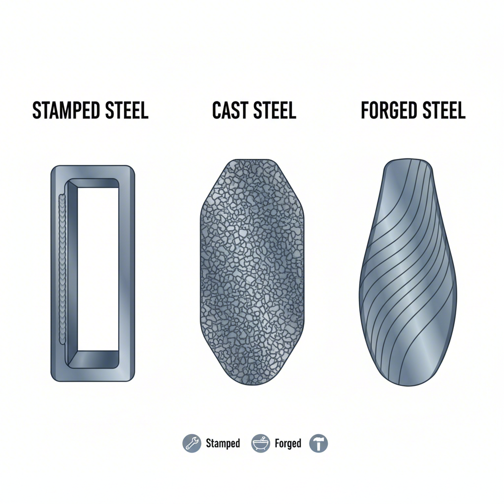diagram comparing the internal structure of stamped cast and forged steel