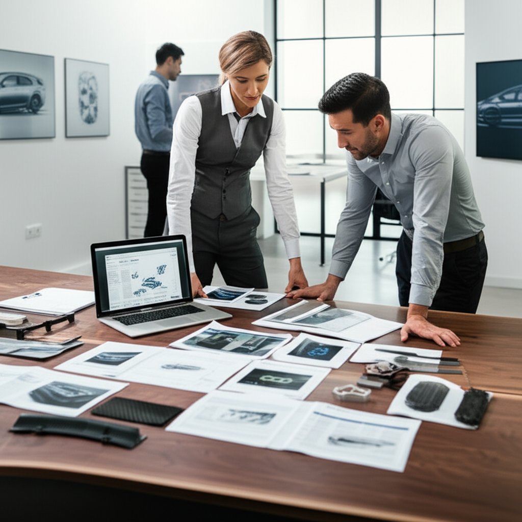 automotive professionals comparing supplier profiles and sample parts