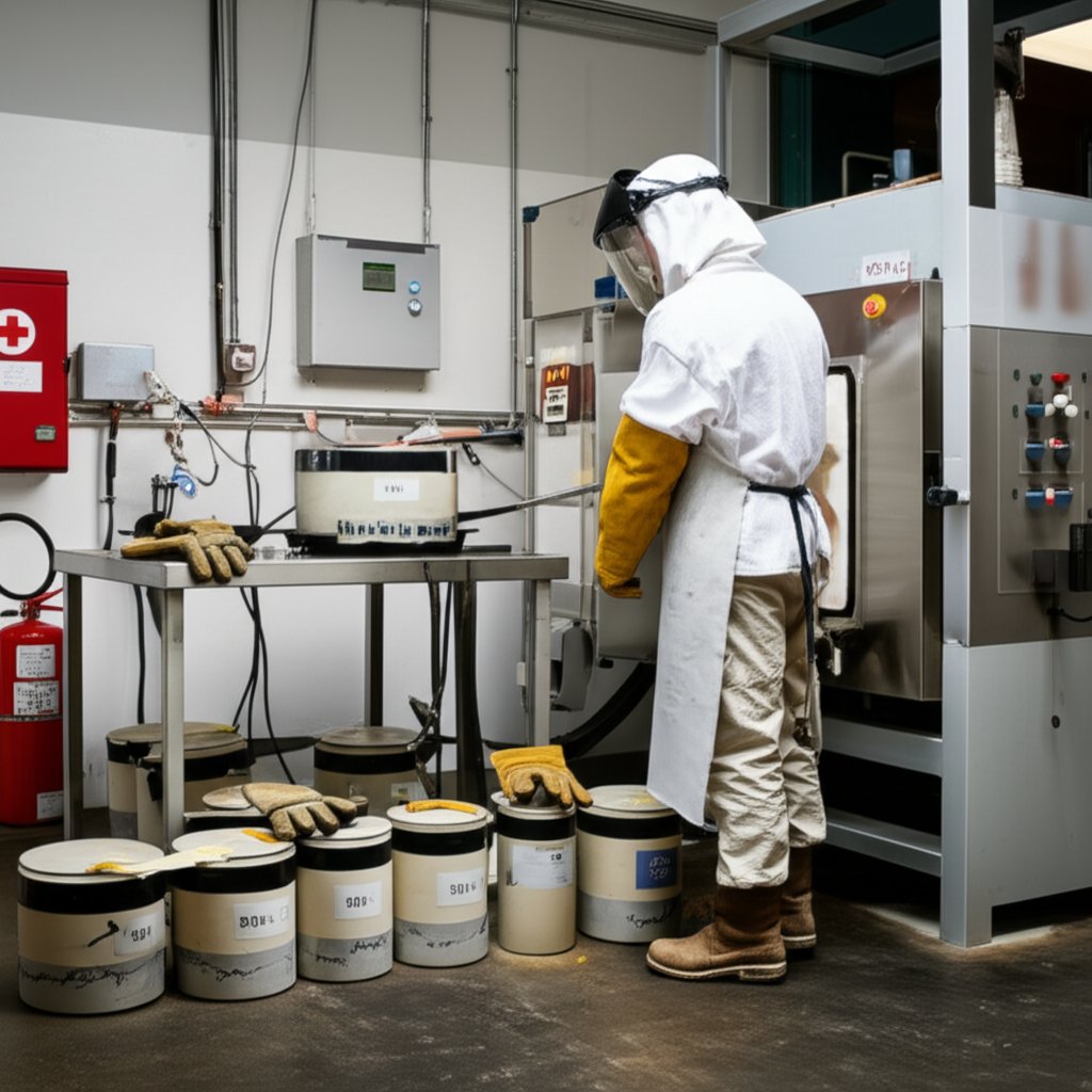 technician following safety protocols while preparing to melt aluminum in a lab