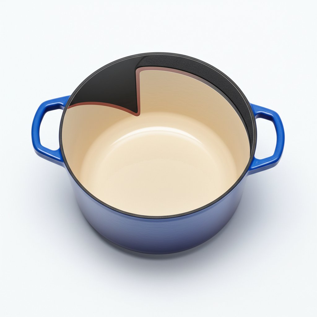 cross section of enameled cast iron cookware highlighting enamel coating and cast iron core