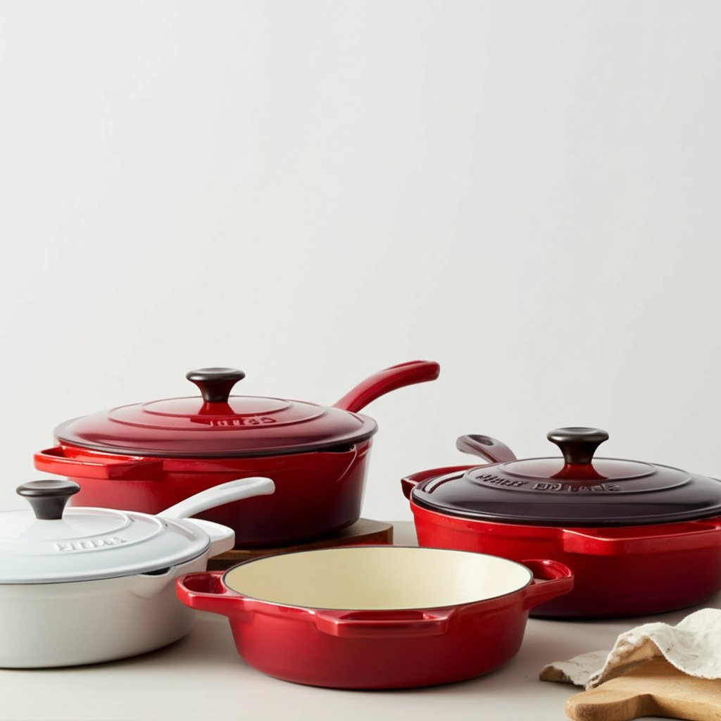 enameled cast iron cookware in a range of colors and finishes