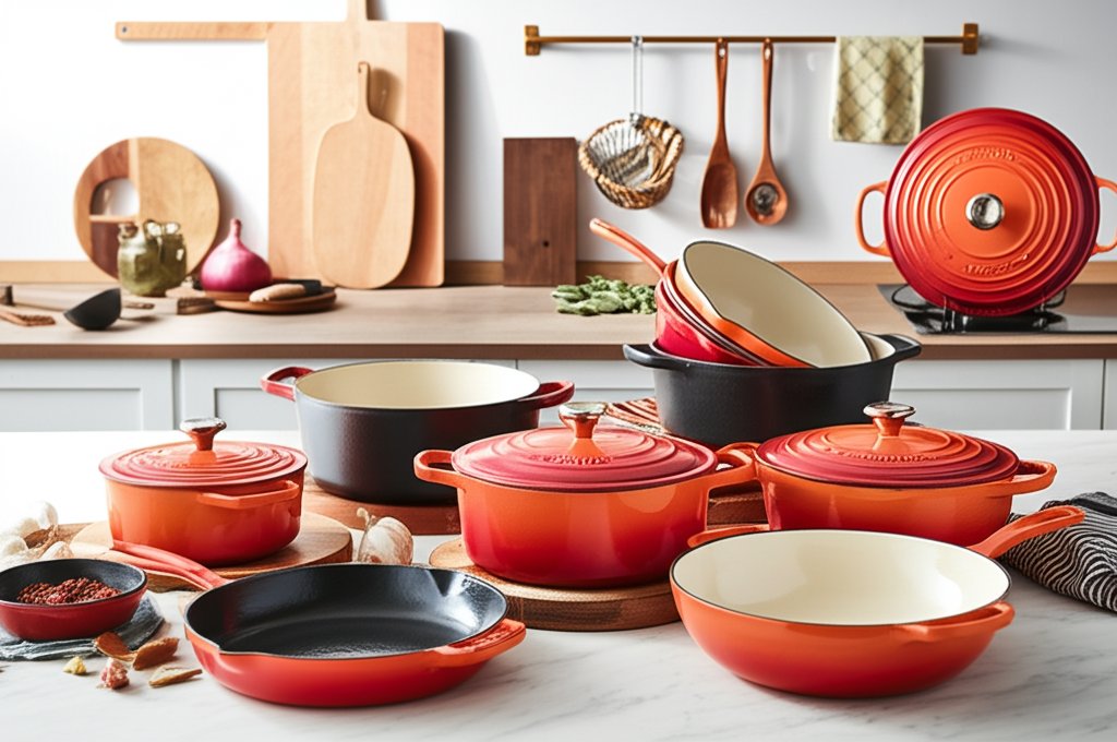 various shapes and sizes of enameled cast iron cookware with ergonomic handles