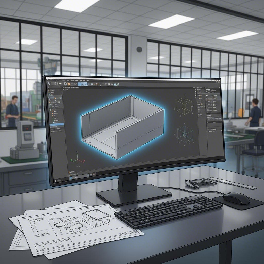 cad workstation displaying sheet metal design with dfm considerations for optimal manufacturing