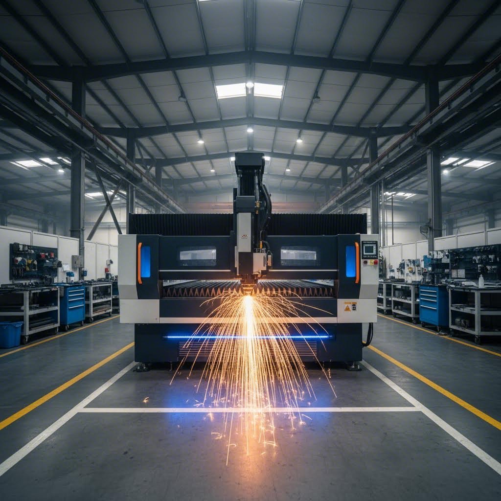 modern cnc laser cutting machine performing precision sheet metal fabrication in an industrial workshop