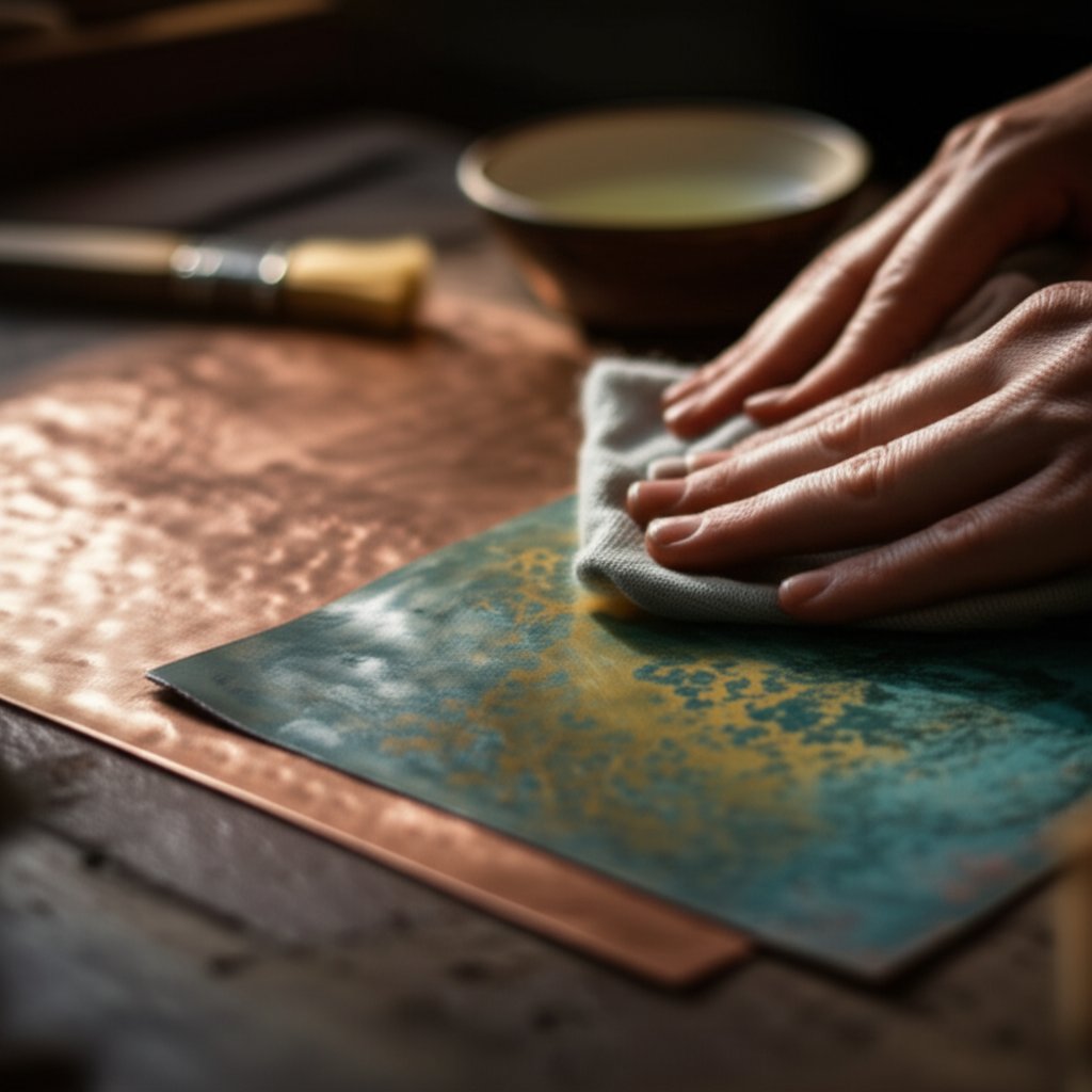 copper sheet surfaces evolving from polished to patina with careful maintenance