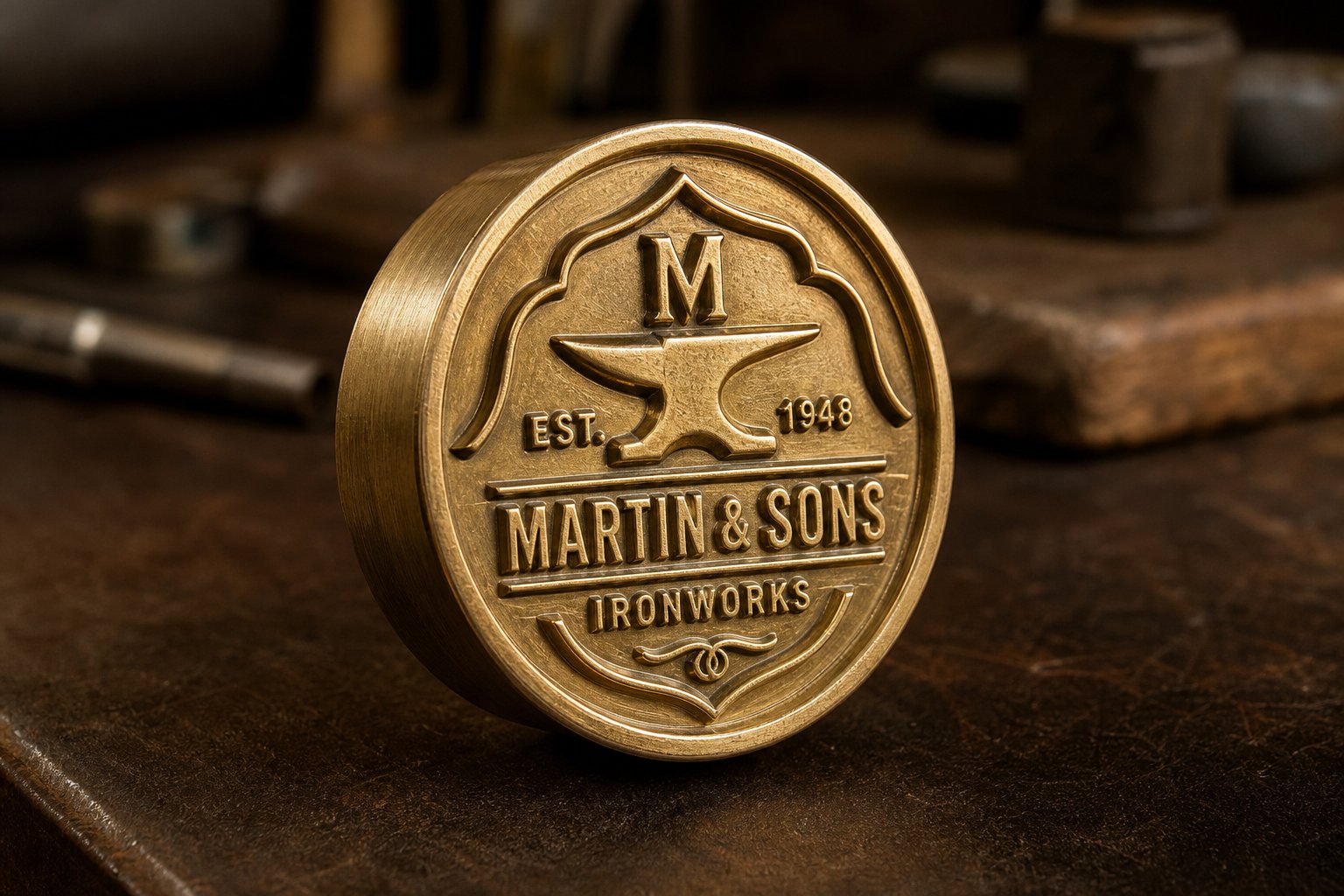 info-1-1 a precision machined brass stamping die showing raised relief design ready for hot stamping applications