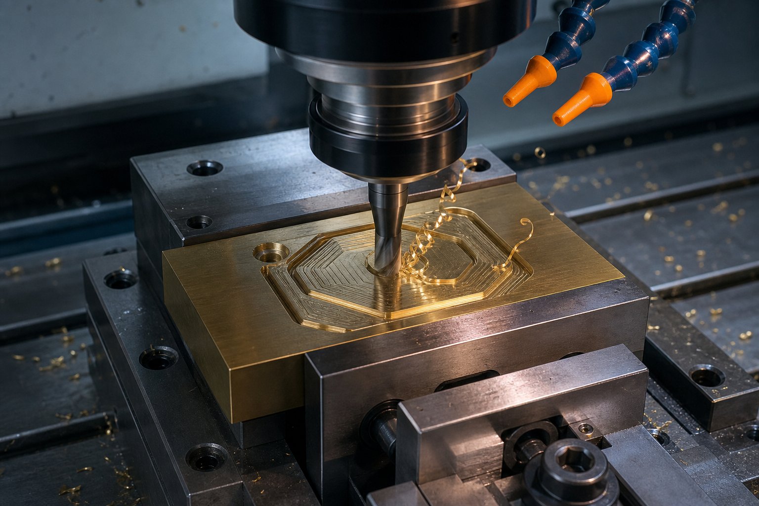 info-1-1 cnc milling machine engraving a design into a brass block during the die manufacturing process