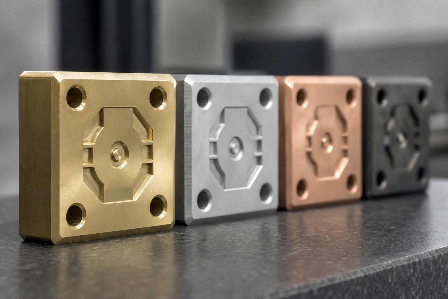 info-1-1 comparison of die materials from left to right brass magnesium copper and steel blocks with engraved patterns