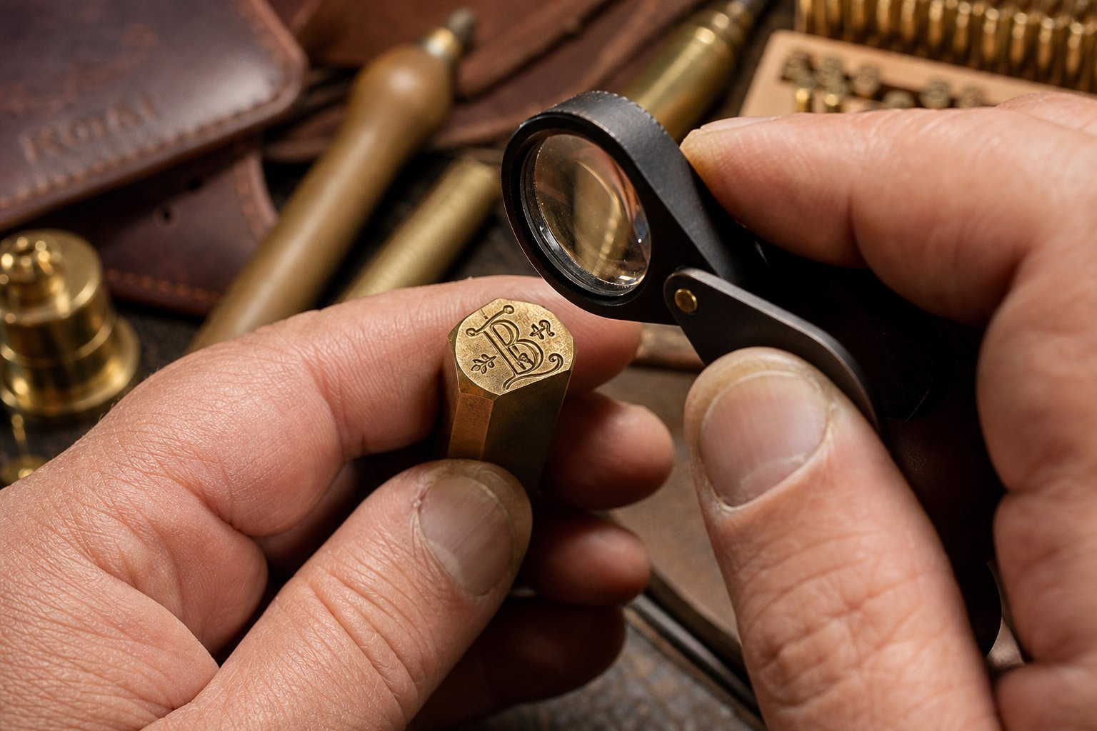 info-1-1 inspecting a brass stamping die face for wear signs and surface quality under magnification