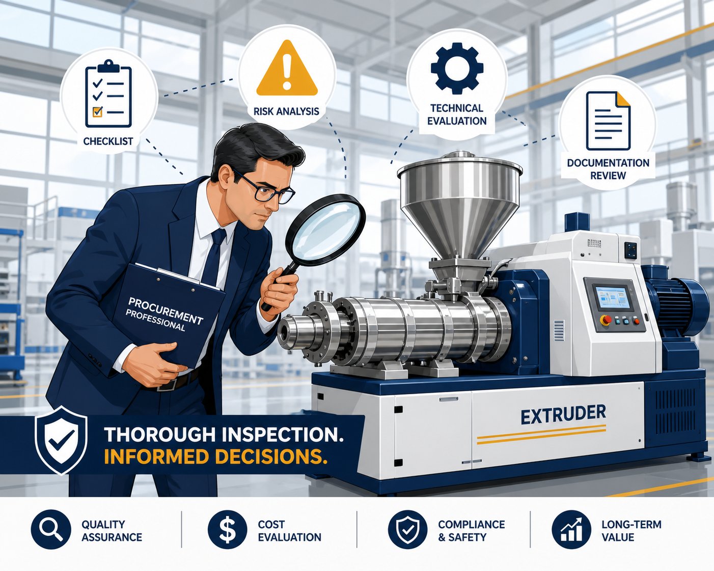 a buyer conducting thorough due diligence on an extruder representing the critical evaluation process before committing to a manufacturer