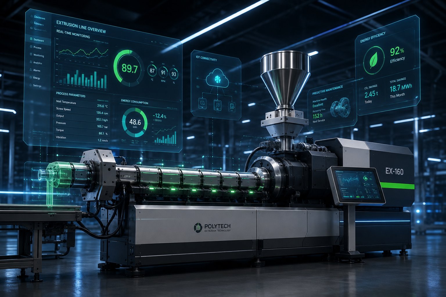 a next generation smart extrusion line featuring iot connectivity and real time monitoring illustrating the digital transformation in extruder manufacturing