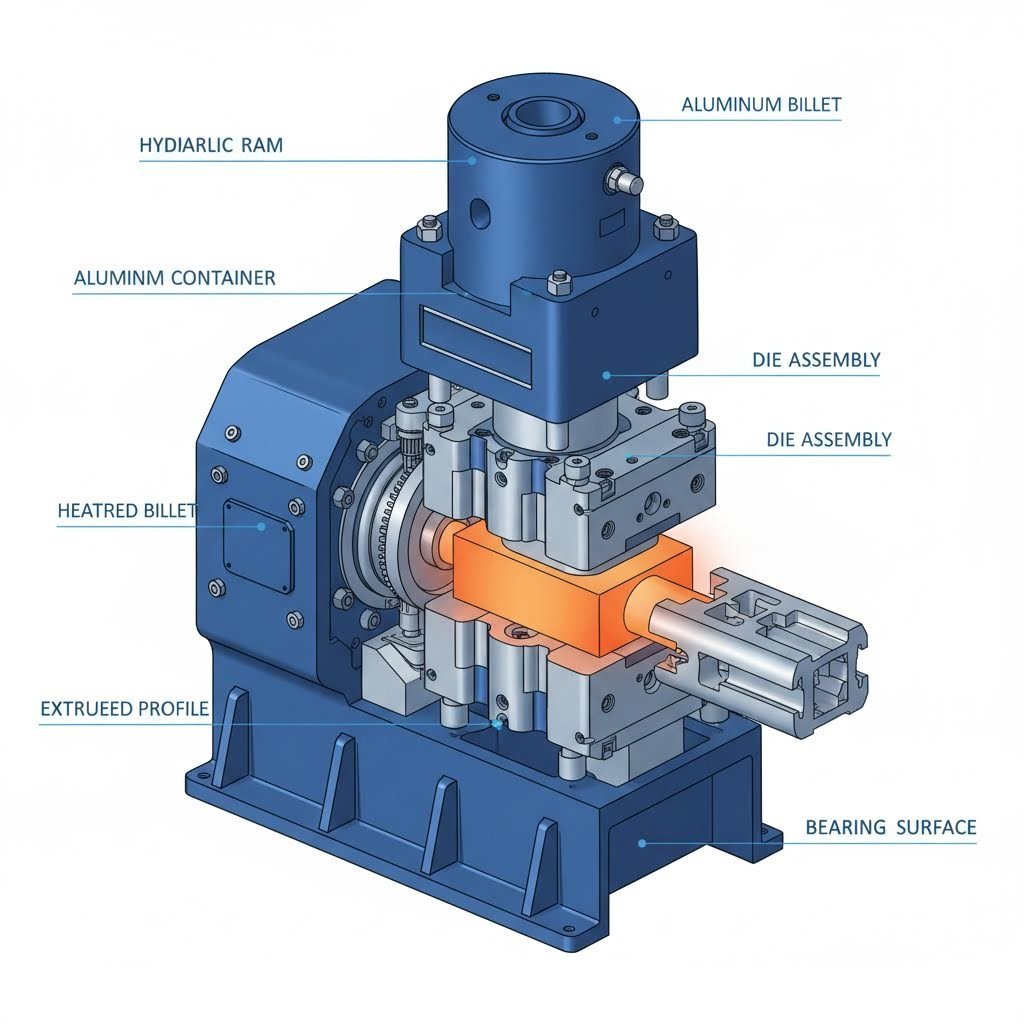 cross section view of an aluminum extrusion press forcing metal through a shaped die