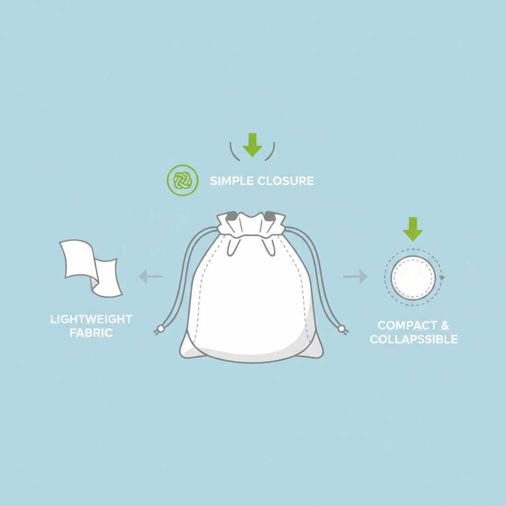 diagram showing the lightweight collapsible and easy access features of a drawstring bag