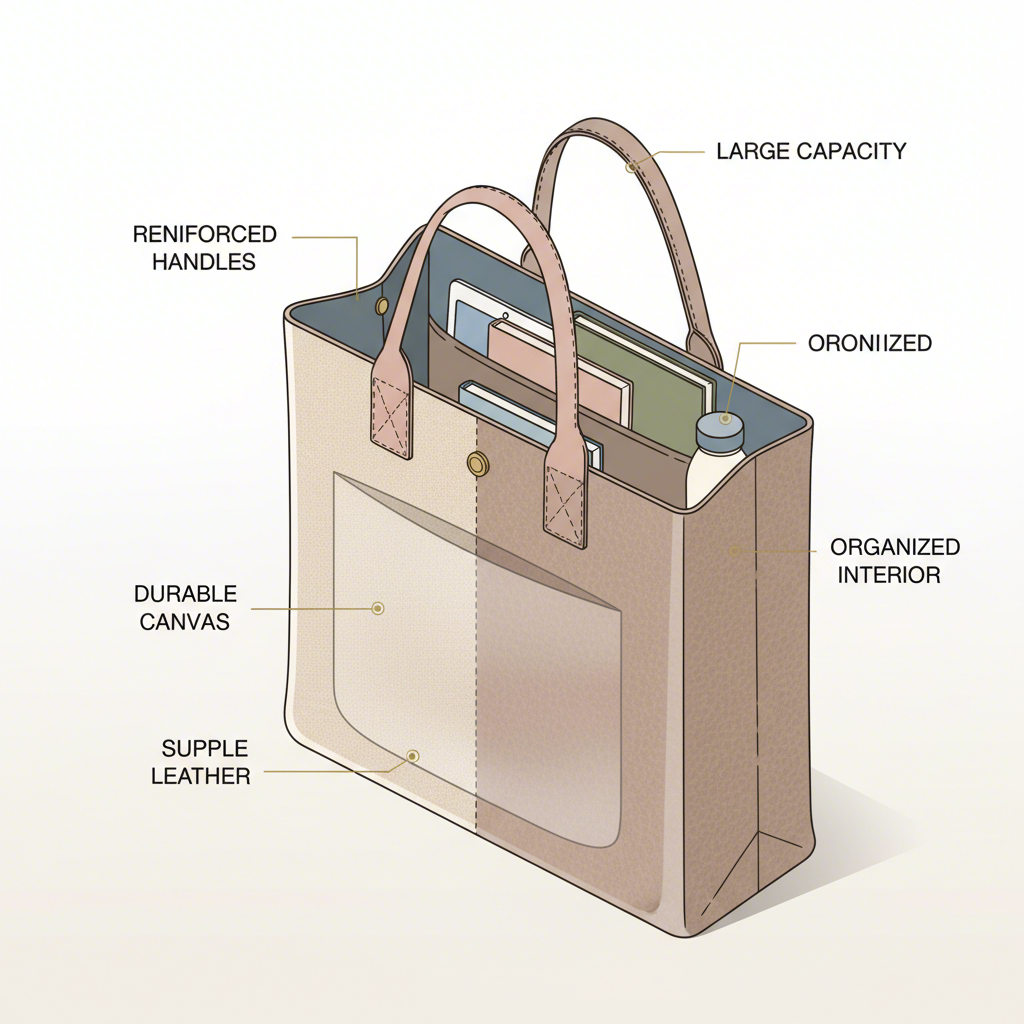 infographic highlighting a tote bags large capacity durable handles and versatile materials