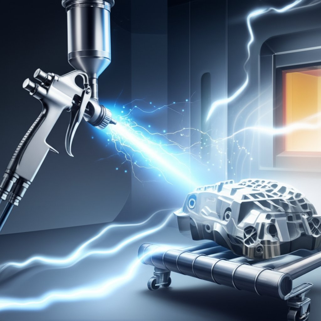 a schematic diagram illustrating the electrostatic application and curing of powder coat on aluminum
